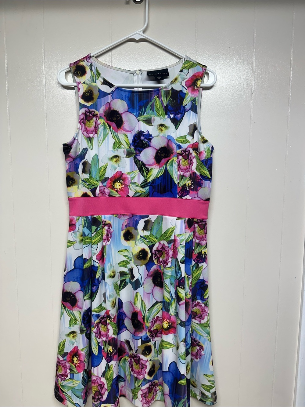 attention Floral Fit-and-Flare Dress with Pink Waistband